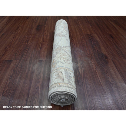 2'10"X10' Gray Hand Knotted Angora Oushak Leaf Design All Wool Runner Rug