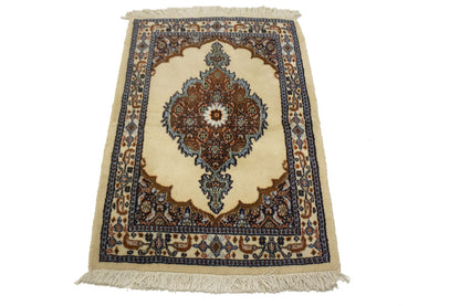 Hand-Knotted Vintage Oriental Rug Cream Floral