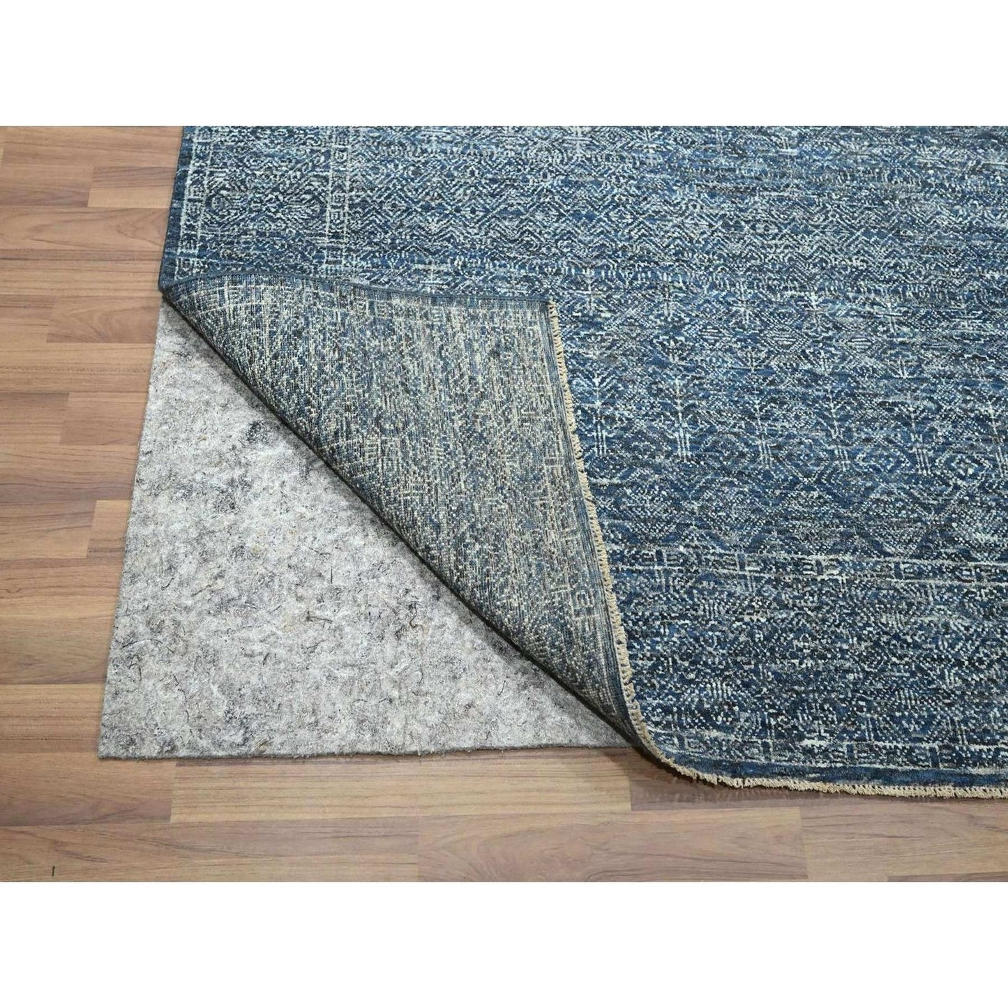 8'1"X10' Denim Blue Hand Knotted Wool And Silk Rug Intricate Tree Design