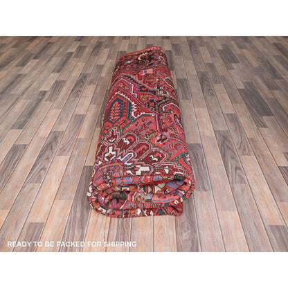 10'1"X13'2" Red Semi Antique Zoroastrian Heris Worn Wool Hand Knotted Rug