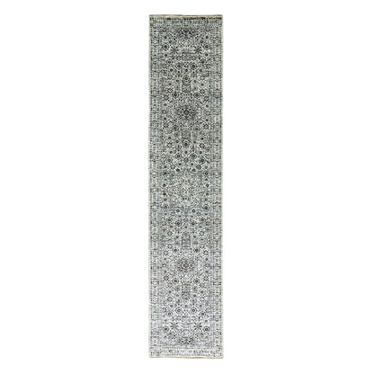 2'7"X12' White Mamluk Dynasty Design Undyed Wool Hand Knotted Runner Rug