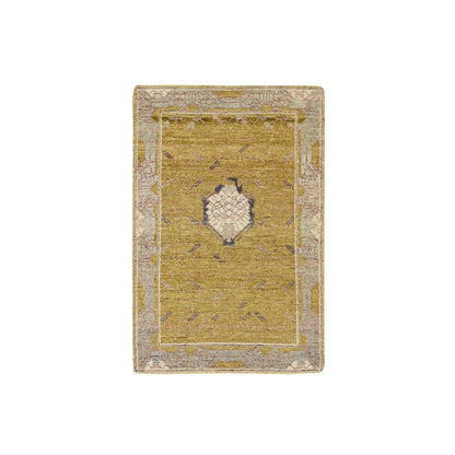 2'1"X3'2" Golden Yellow Pinecone Design 100% Wool Hand Knotted Rug