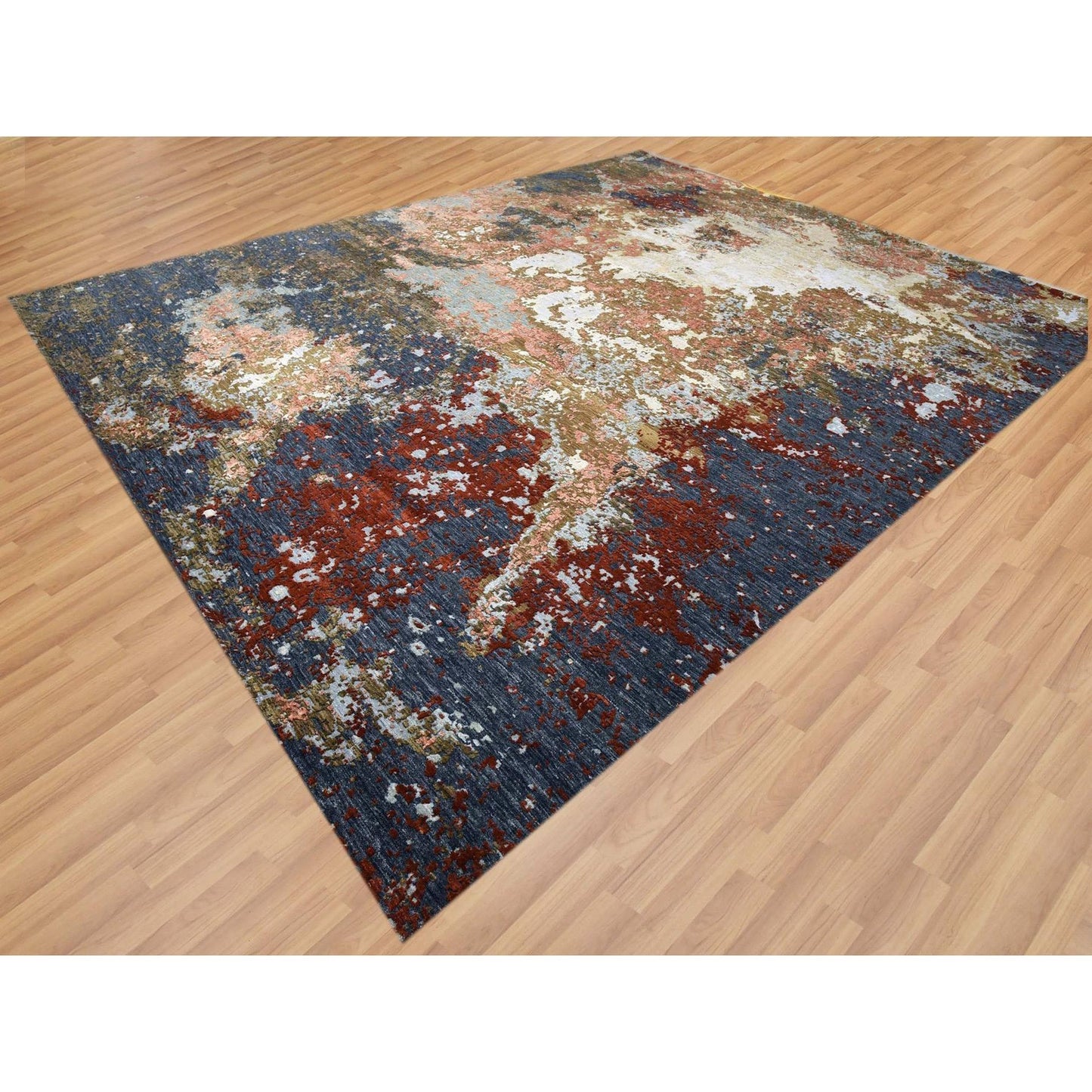 Burnt amber abstract design soft wool hand knotted rug oversized
