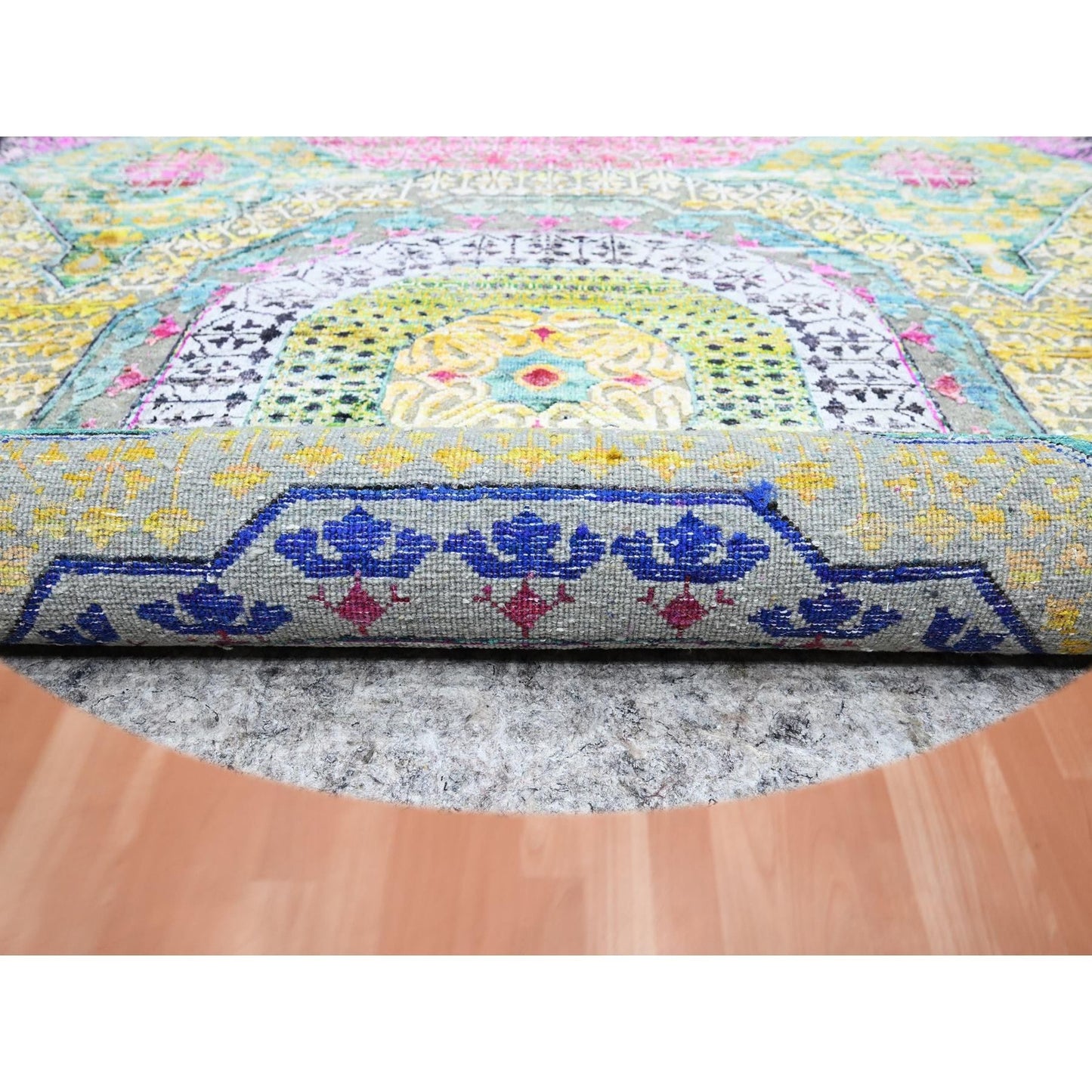 6'1"X6'1" Yellow Hand Knotted Mamluk Design Silk-Wool Round Oriental Rug