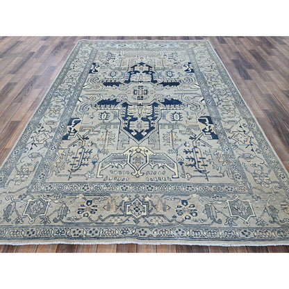 6'X9' Cloud Gray Seeripe Heris Medallion Design Pure Wool Hand Knotted Rug