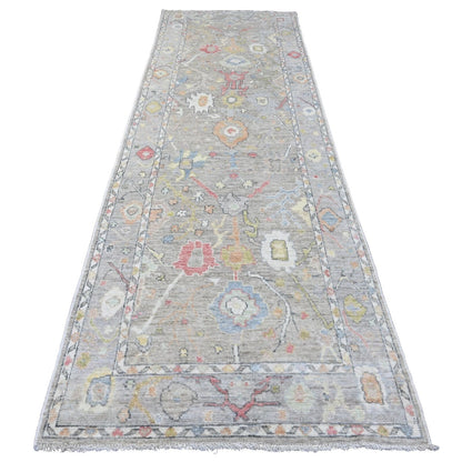 3'10"X12'1" Gray Hand Knotted Angora Oushak Leaf Design Wool Runner Rug