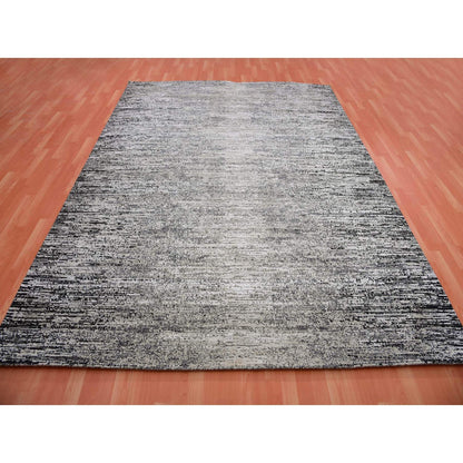 8'X10'3" Domino Black Modern Wool And Silk Striae Design Hand Knotted Rug