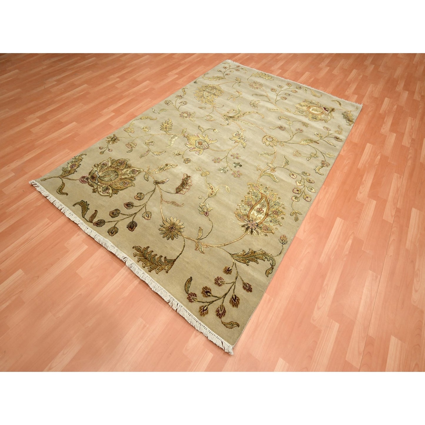 6'X8'10" Brown Hand Knotted Wool And Silk Botanical Design Oriental Rug