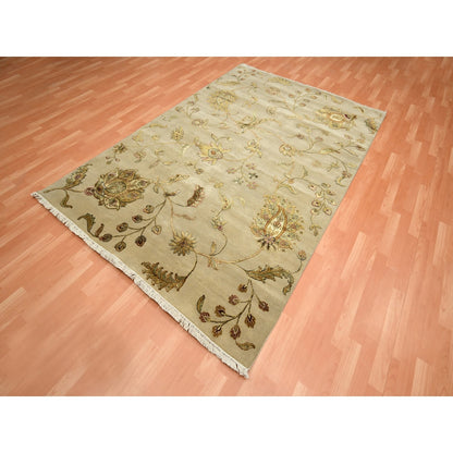 6'X8'10" Brown Hand Knotted Wool And Silk Botanical Design Oriental Rug