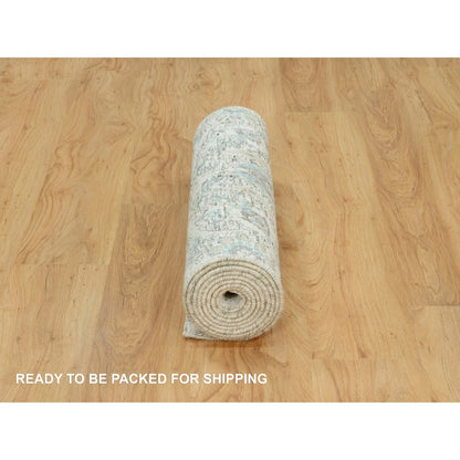 2'6"X10' Futon White Hand Knotted Sickle Leaf Silk And Wool Runner Rug