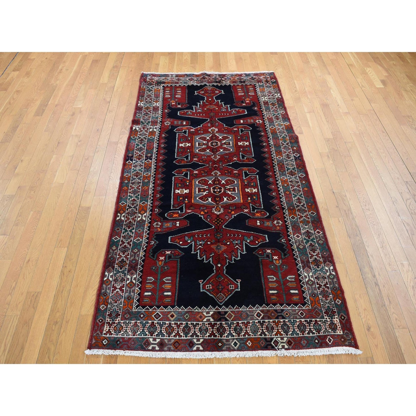 4'8"x9'7" Blue New Zoroastrian Khamadan Wool Hand Knotted Runner Rug
