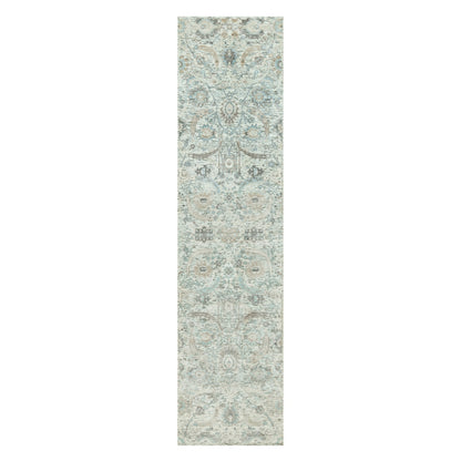 2'5"X10' Pristine White Hand Knotted Silk And Wool Sickle Leaf Runner Rug
