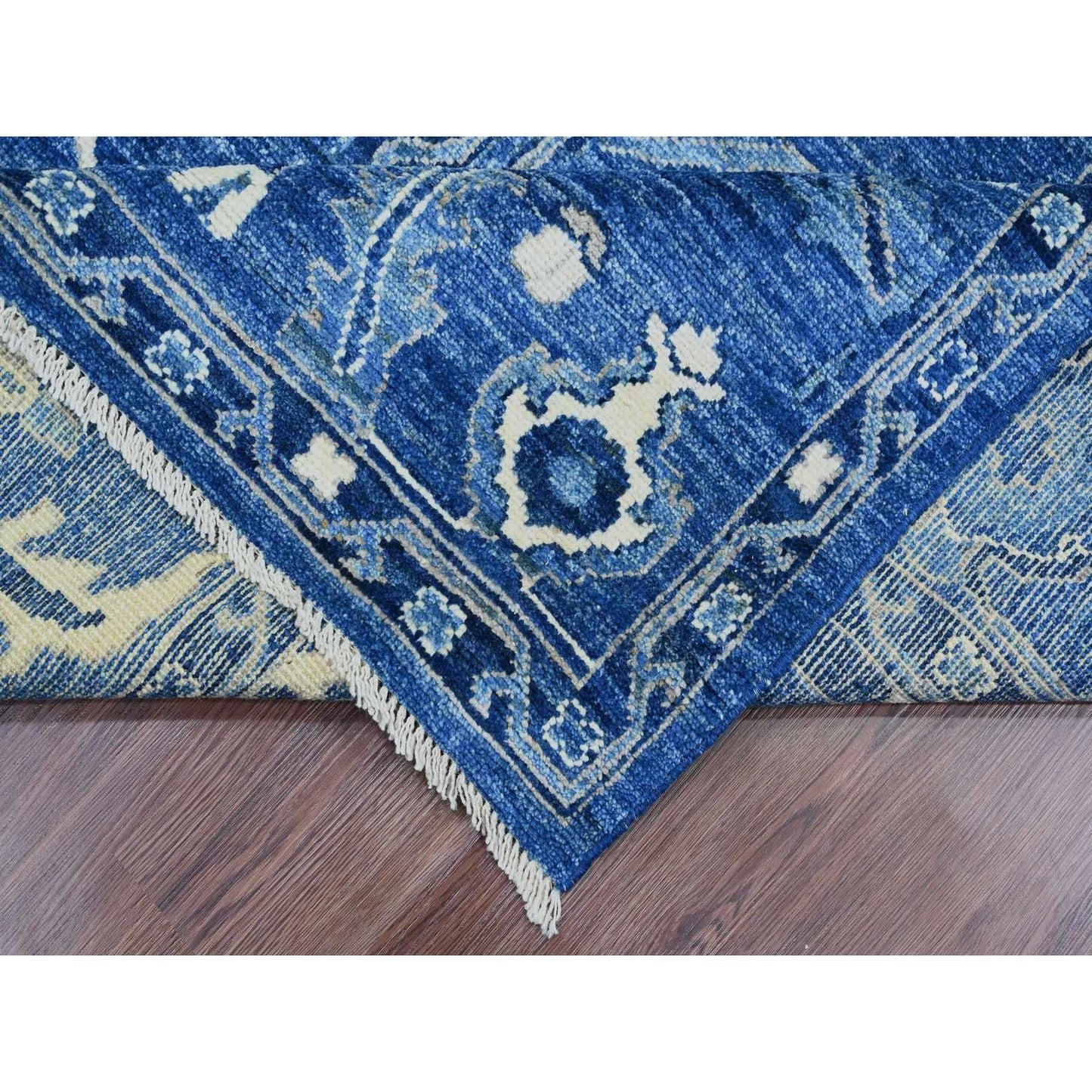 8'1"X9'8" Blue Hand Knotted Afghan Angora Oushak Vines Design Wool Rug