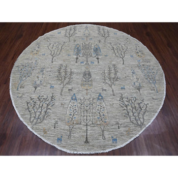 8'X8' Oyster Gray Peshawar Tree Design Hand Knotted 100% Wool Round Rug