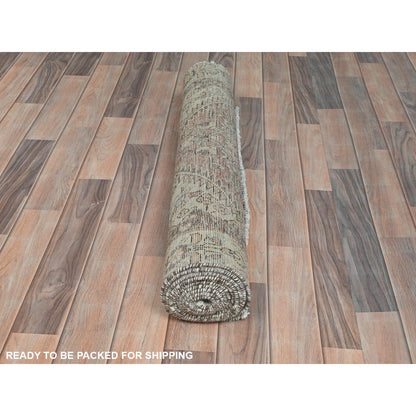 3'4"X10' Brown Vintage Farsian Amadan Pure Wool Hand Knotted Runner Rug