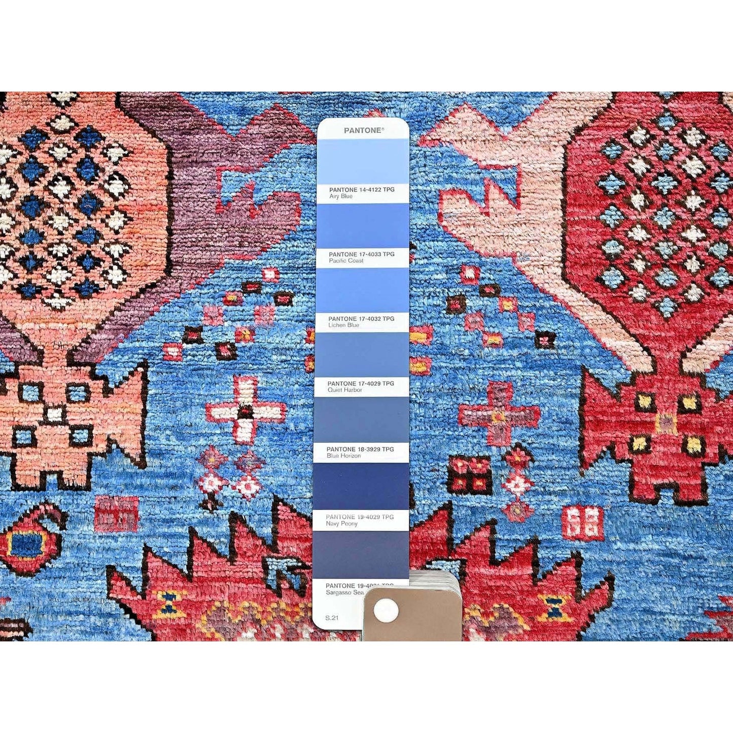 4'3"X5'7" Blue Afghan Caucasian Design Revival Hand Knotted Soft Wool Rug
