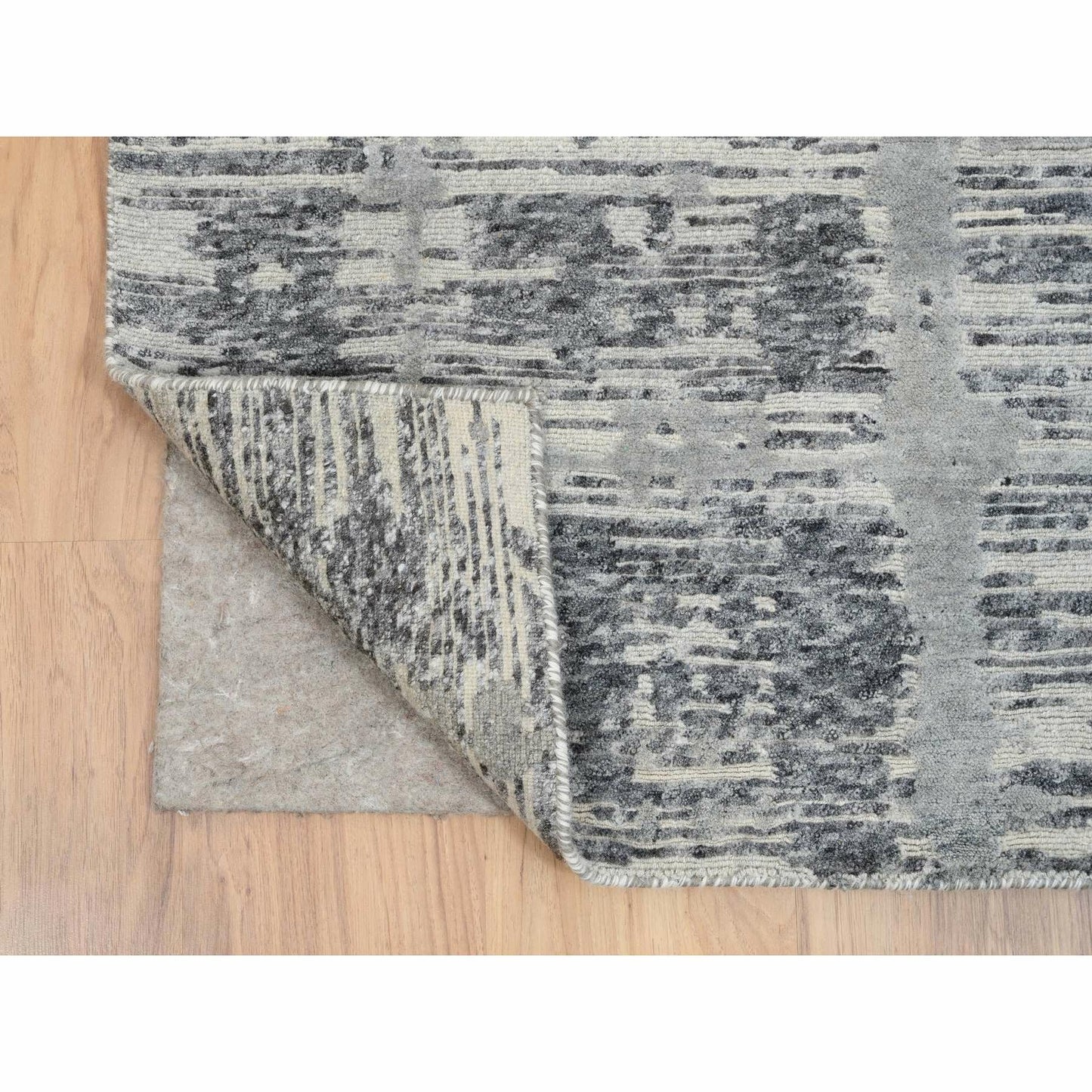 4'2"X10'1" Gray Hand Spun Undyed Naturalwool Hand Knotted Wide Runner Rug