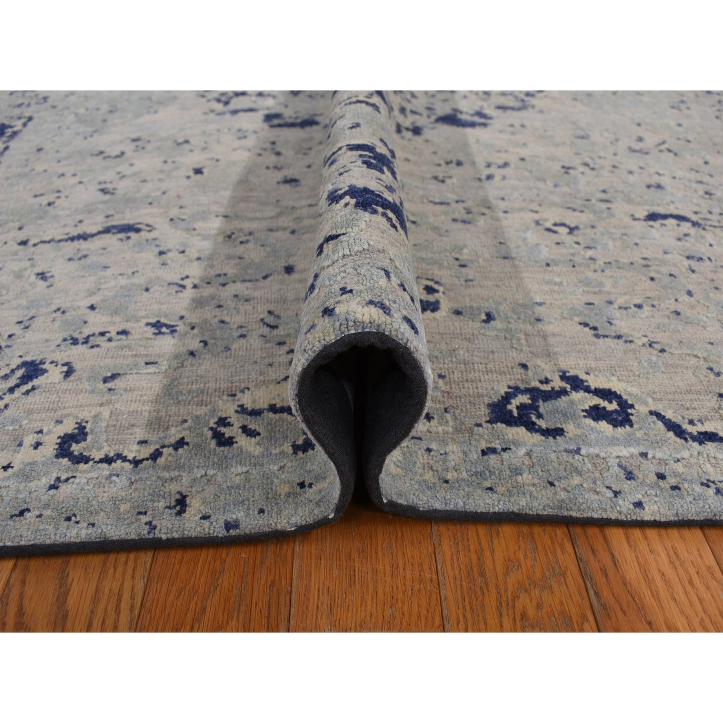 8'8"X12'1" Blue Broken Medallion Design Silk With Wool Hand Knotted Rug