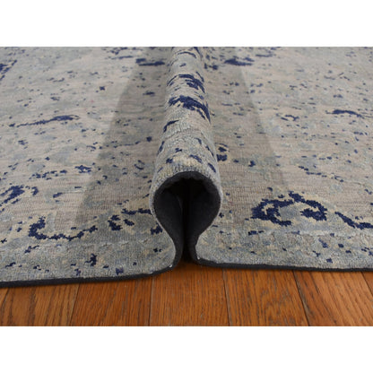 8'8"X12'1" Blue Broken Medallion Design Silk With Wool Hand Knotted Rug