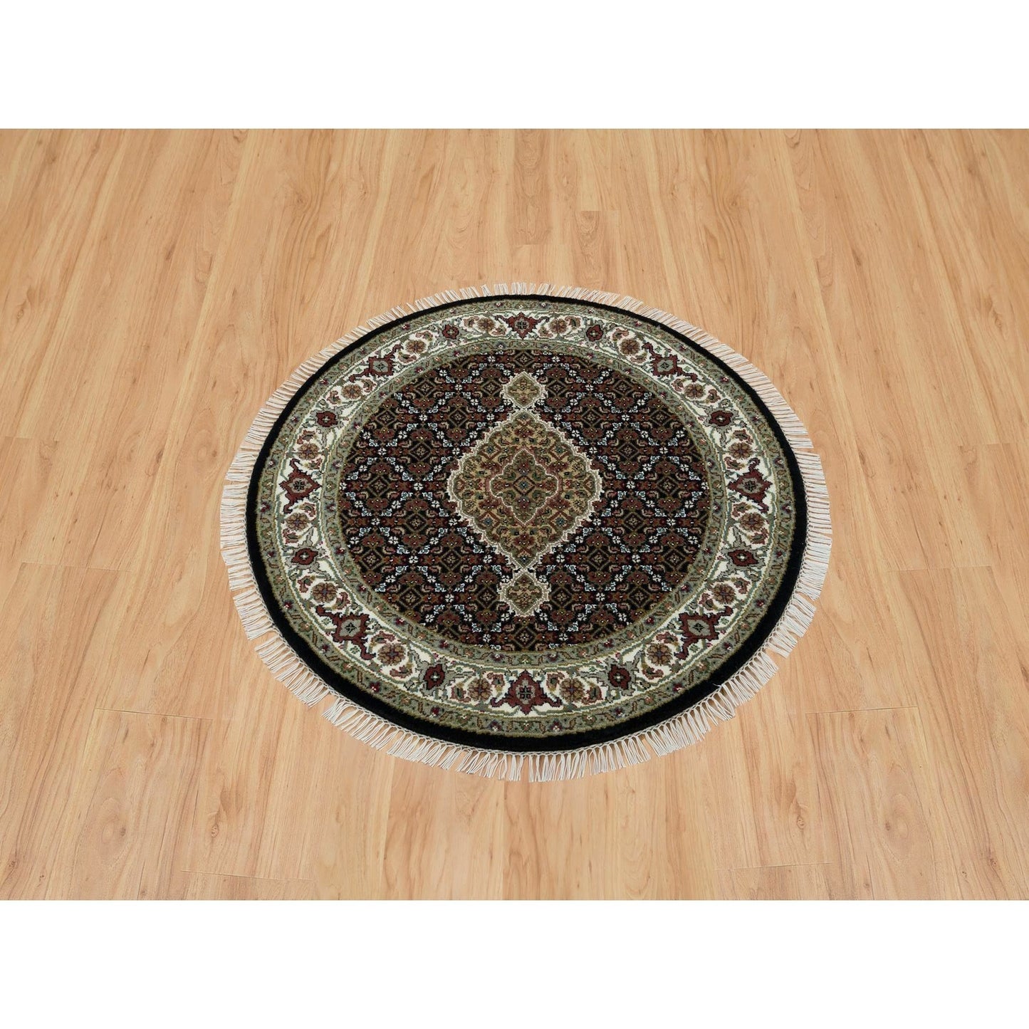 3'4"X3'4" Black 175 Kpsi Wool Hand Knotted Tebraz Round Oriental Rug