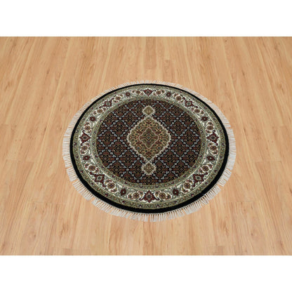 3'4"X3'4" Black 175 Kpsi Wool Hand Knotted Tebraz Round Oriental Rug