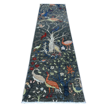 2'7"X9'9" Digital Gray Birds Paradise Hand Knotted Runner Peshawar Rug