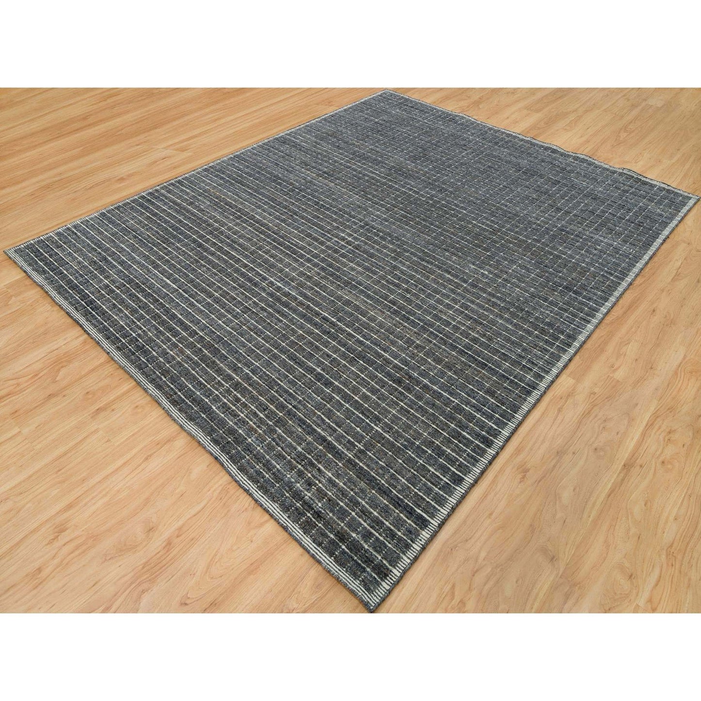 8'X9'10" Davy Gray Modern Wool Box Design Plain Loomed Knotted Rug