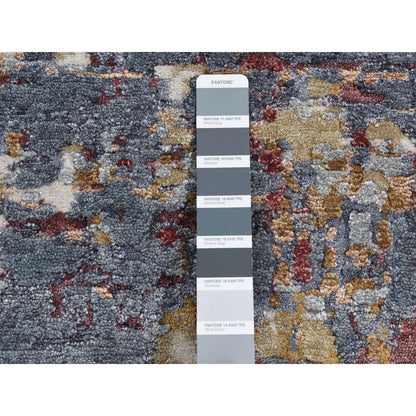 2'6"X10' Gray Modern Abstract Wool And Silk Hand Knotted Runner Rug