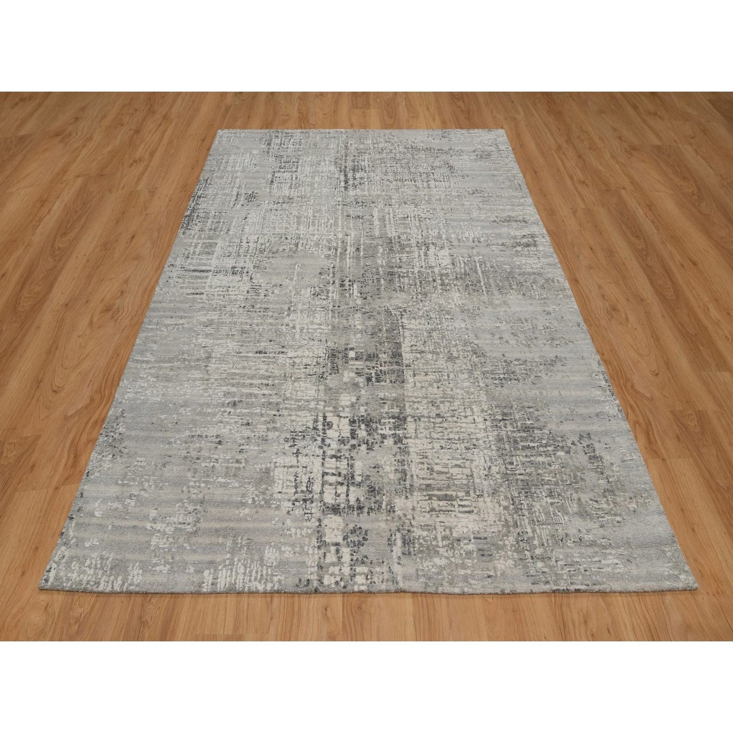 6'1"X9' Gray Modern Erased Design Undyed Natural Wool Hand Knotted Rug