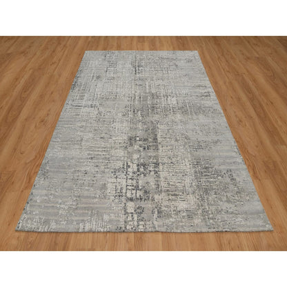 6'1"X9' Gray Modern Erased Design Undyed Natural Wool Hand Knotted Rug