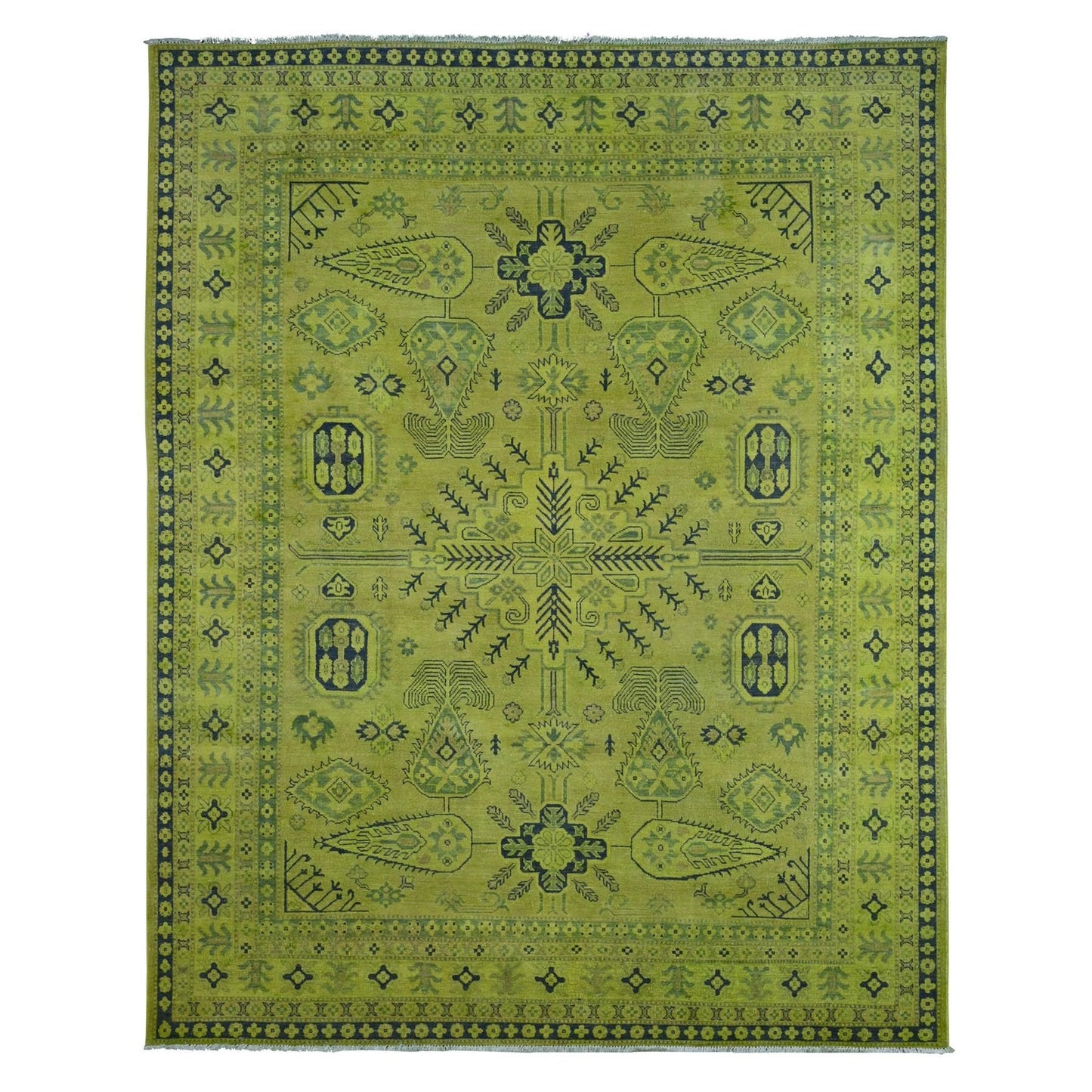 7'9"X9'8" Green Overdyed Kazak Geometric Pattern Hand Knotted Wool Rug