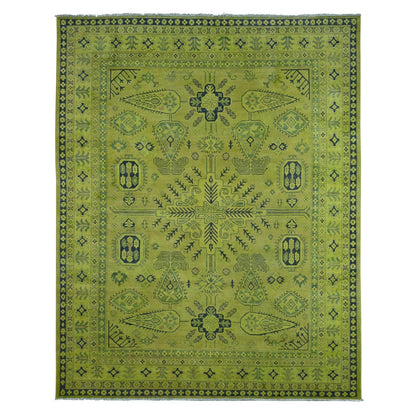 7'9"X9'8" Green Overdyed Kazak Geometric Pattern Hand Knotted Wool Rug
