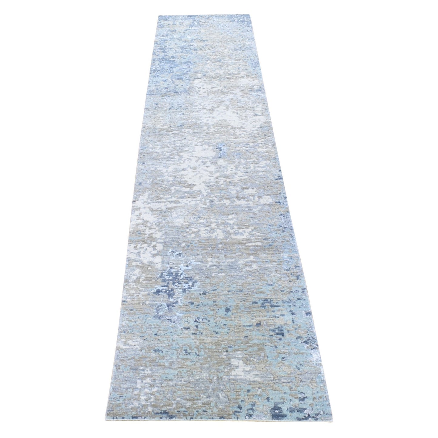 2'6"X11'10" Gray Pure Wool Modern Abstract Design Hand Knotted Runner Rug