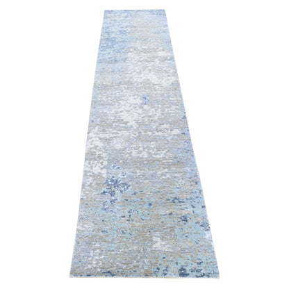2'6"X11'10" Gray Pure Wool Modern Abstract Design Hand Knotted Runner Rug