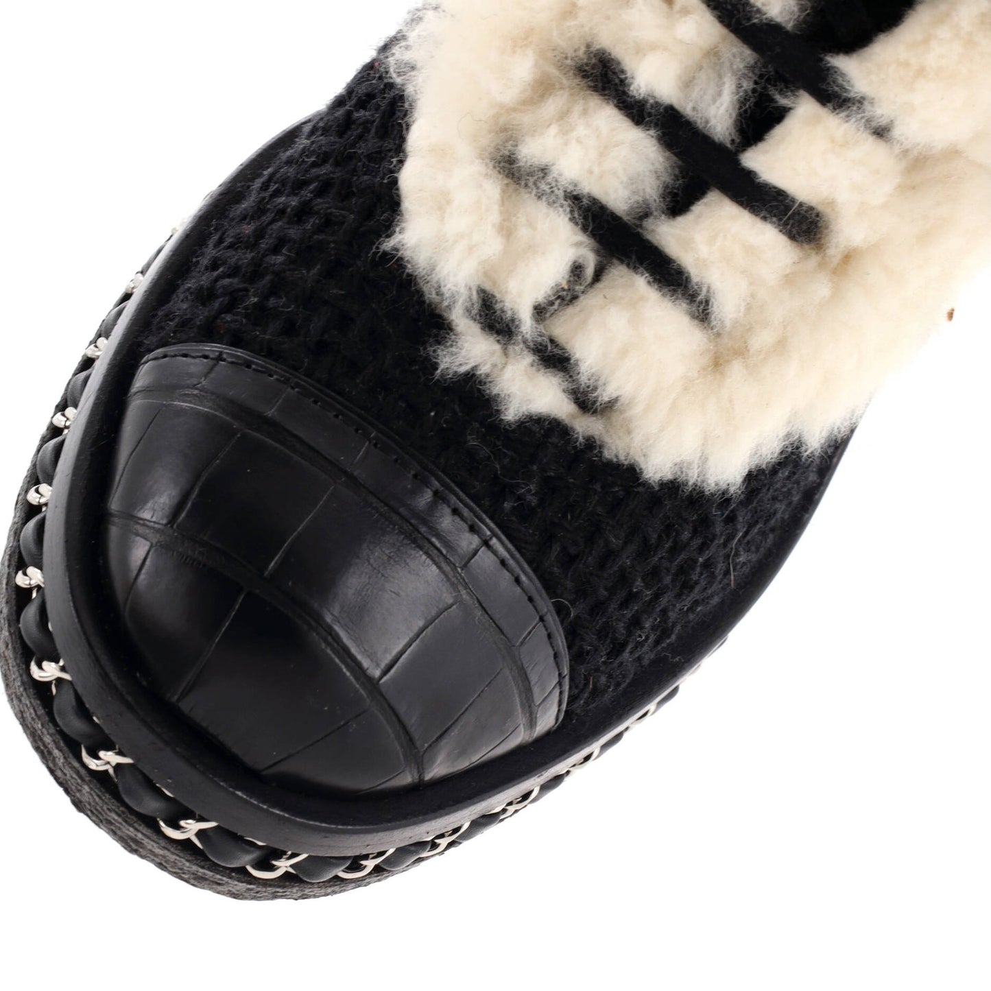 Chanel Women'S Chain Sole Cap Toe Lace Up Ankle Boots Tweed And Fur With Leather