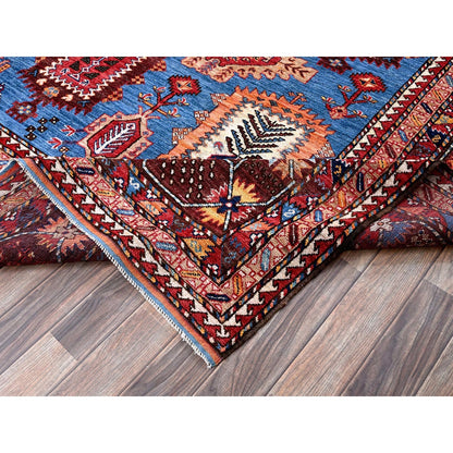 10'1"X13'4" Blue Afghan Caucasian Design Revival Hand Knotted Soft Wool Rug