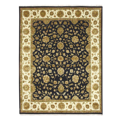 7'9"X10' Black Wool And Silk Hand Knotted Rajasthan All Over Design Rug