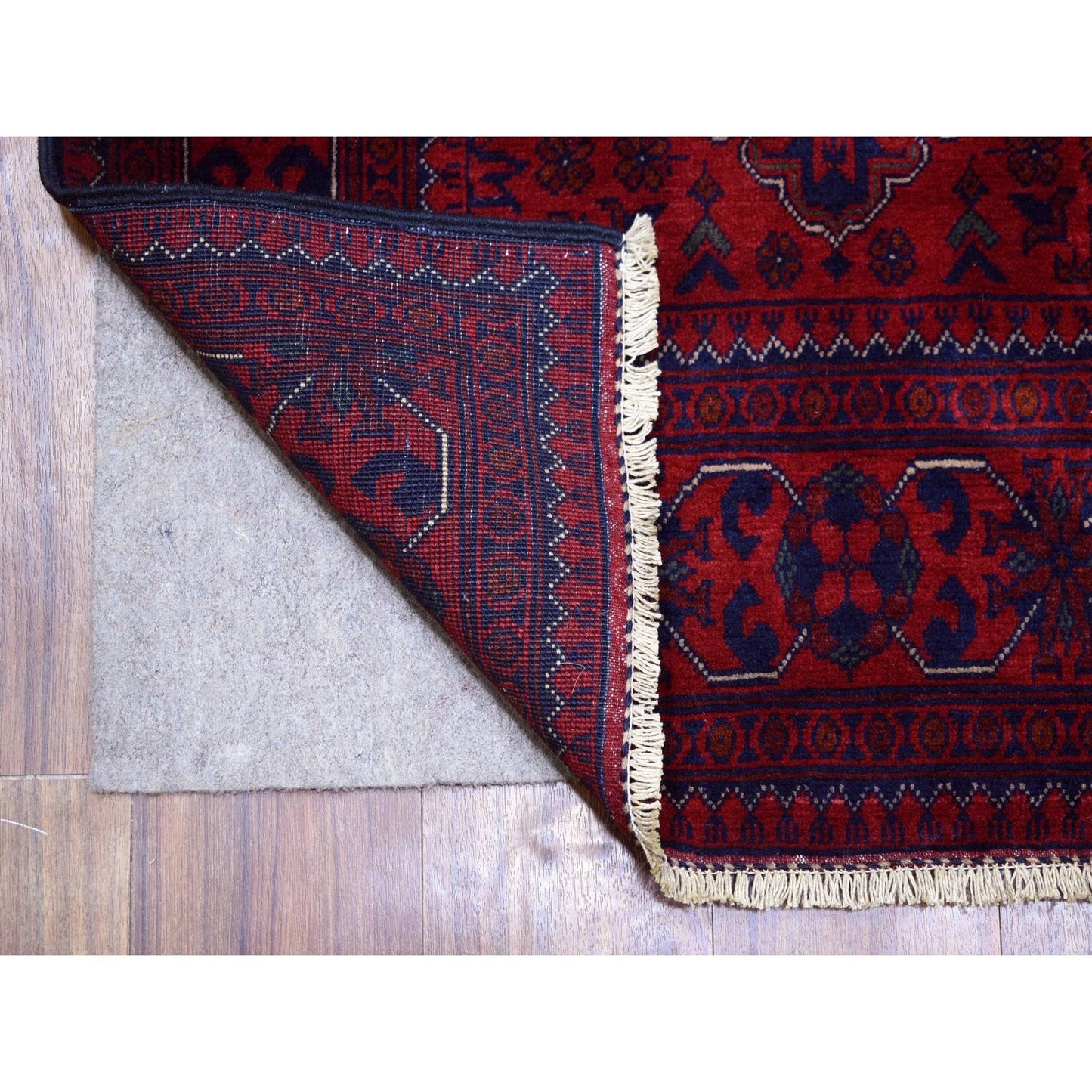 2'10"X12'6" Deep Red Soft Wool Hand Knotted Afghan Khamyab Runner Rug
