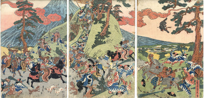 Woodblock warrior art triptych sadahide original utagawa japanese musha