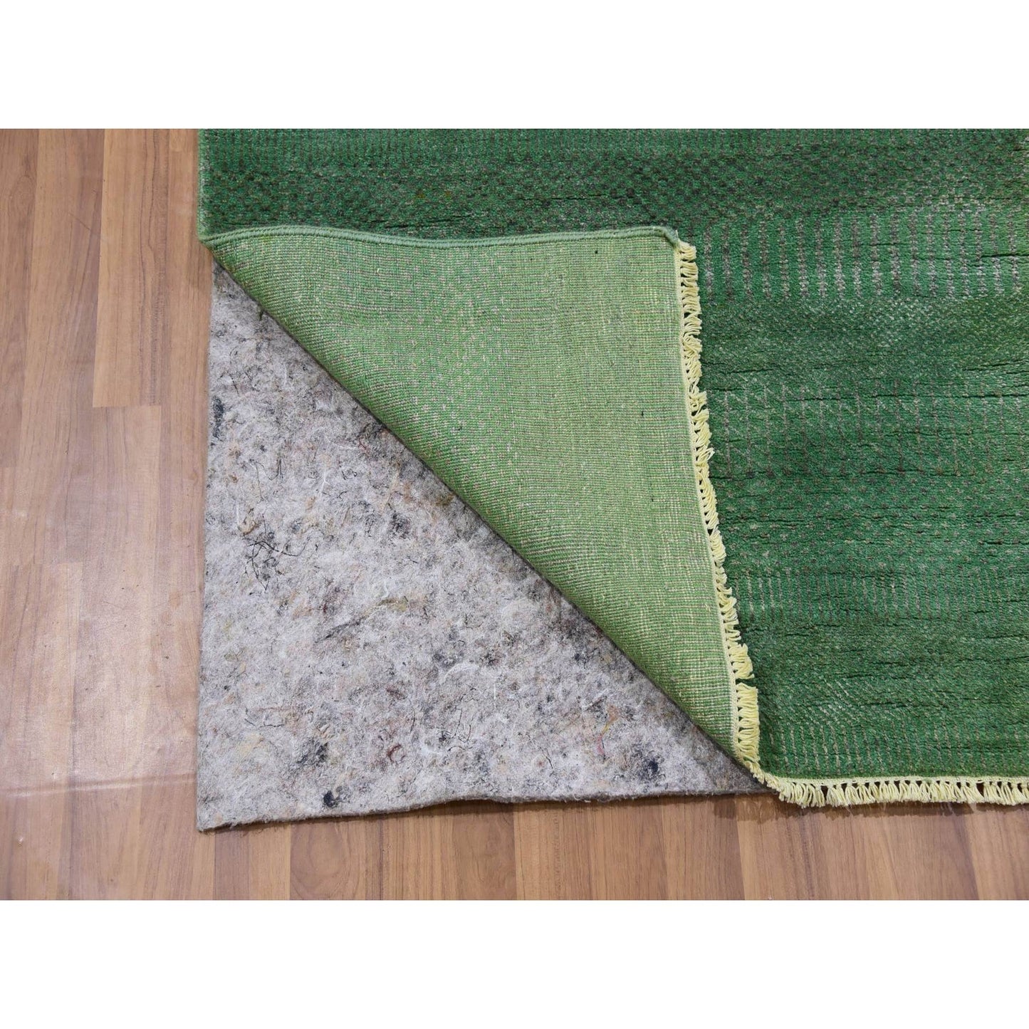 2'9"X10' Blue Dyed Wool And Silk Hand Knotted Grass Design Runner Rug