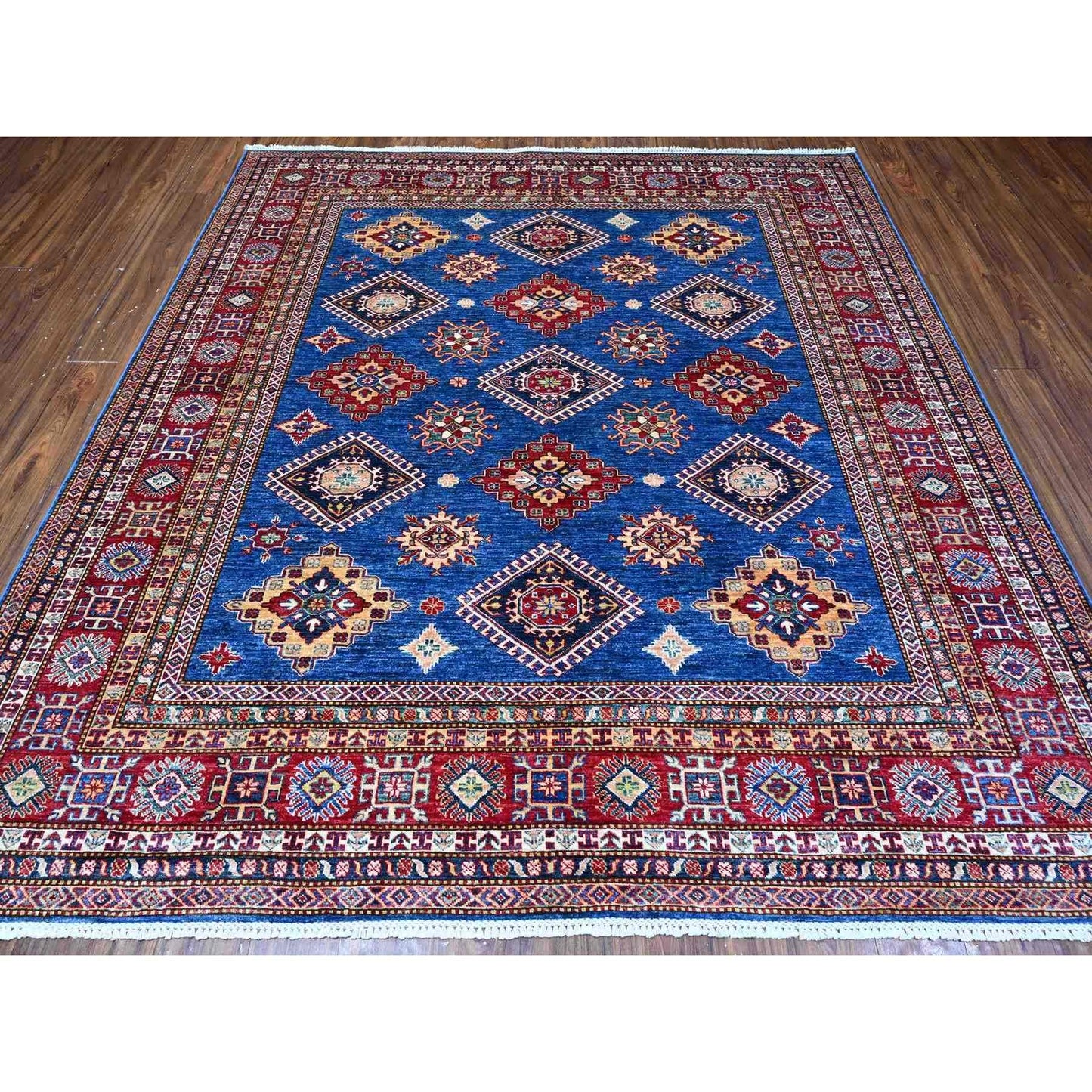 8'X8' Medium Blue Super Kazak Medallions Wool Hand Knotted Oriental Rug