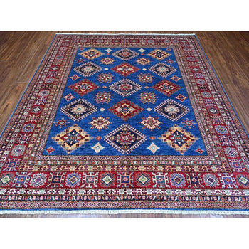 8'X8' Medium Blue Super Kazak Medallions Wool Hand Knotted Oriental Rug