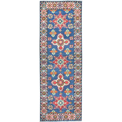 2'X5'9" Blue Kazak With Tribal Design Hand Knotted Soft Wool Runner Rug