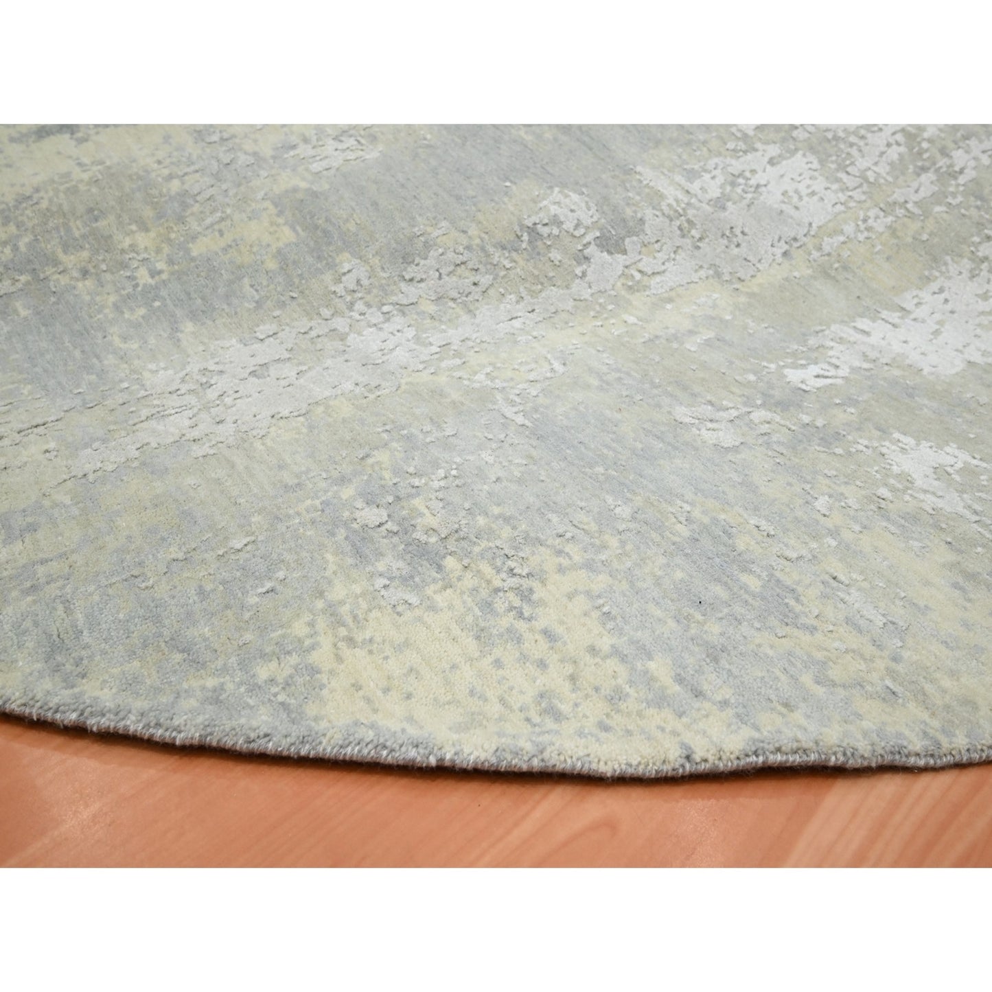 11'10"X11'10" Gray Abstract Design Wool And Silk Hand Knotted Round Rug