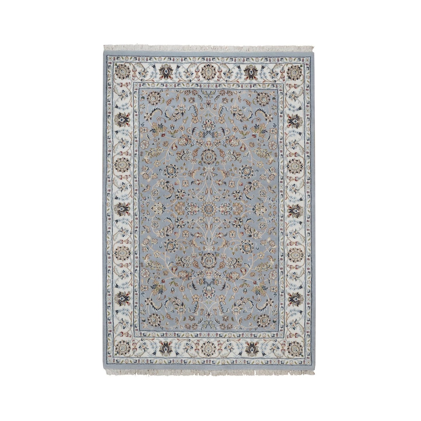 4'3"X6'4" Light Blue Wool And Silk Nain Flower Design Hand Knotted Rug