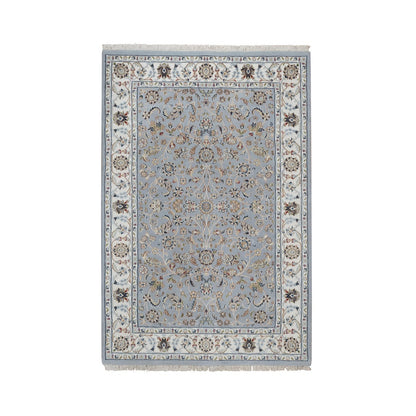 4'3"X6'4" Light Blue Wool And Silk Nain Flower Design Hand Knotted Rug