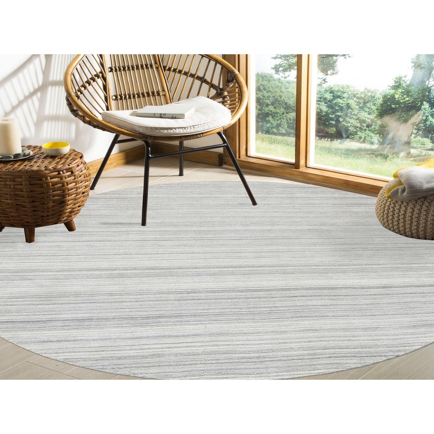 9'9"X9'9" Gray Hand Loomed Undyed Natural Wool Modern Design Round Rug