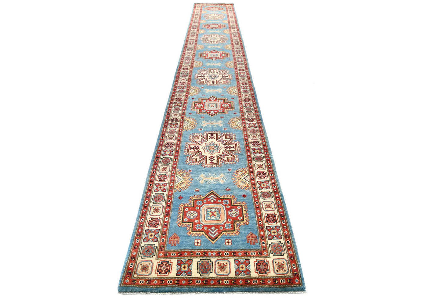 Tribal Geometric Kazak Runner Rug Blue Farmho