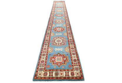 Tribal Geometric Kazak Runner Rug Blue Farmho