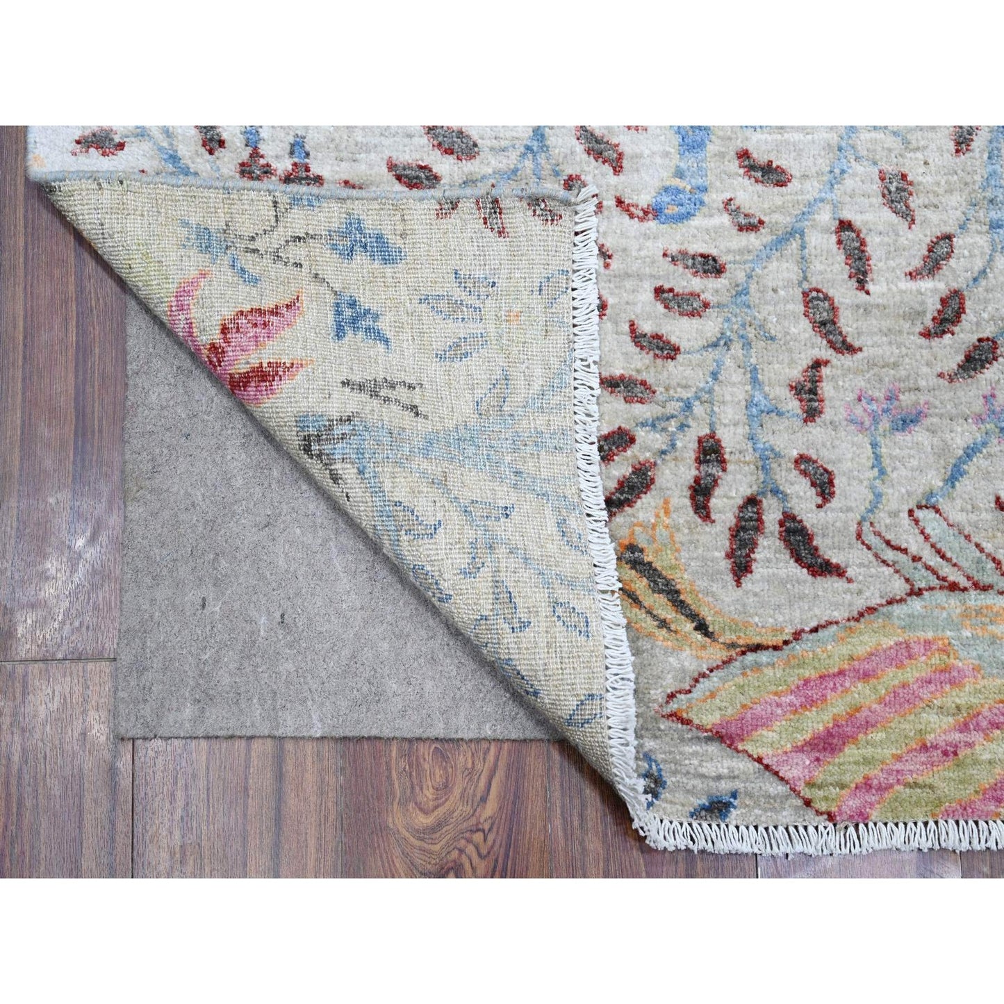 4'1"X16' Tint Gray Birds Of Paradise Peshawar Hand Knotted Oriental Rug